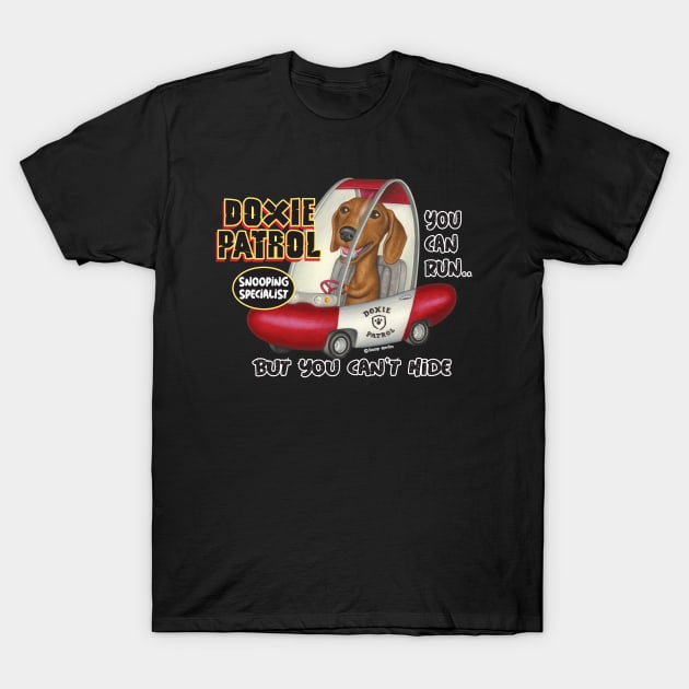 fun cute fur baby doxie dog with Dachshund Driving classic car T-Shirt by Danny Gordon Art